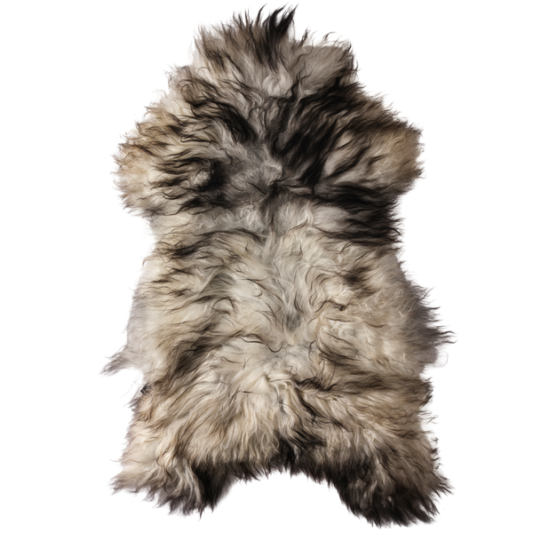 A grey, fluffy Icelandic sheepskin rug.