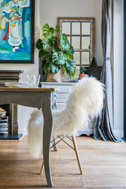 Room interior with a desk, chair, and decorative elements.